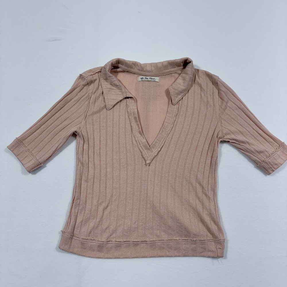 Free People We The Free Krystal Rib Polo Peach Shirt Sz S Preppy Academia